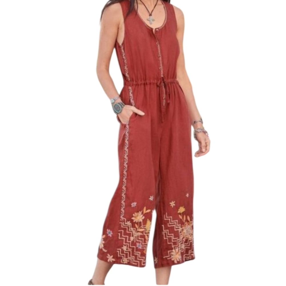 Johhny Was Elia Linen Tie Embroidered Wide-Leg Jumpsuit in Rust Size M